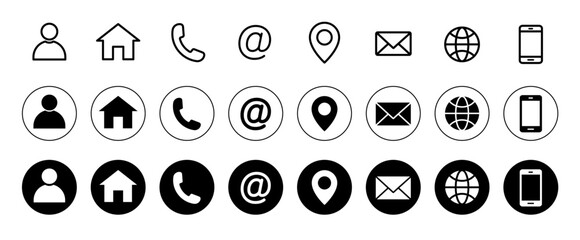 business card icon set. containing contact information, name, address, phone, e-mail, location, webs