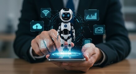 businessman using smartphone with a futuristic ai robot and digital interface.