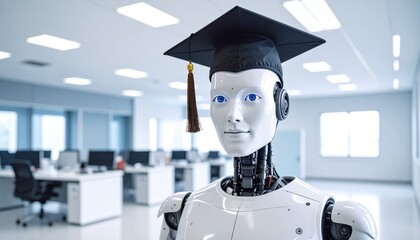 a futuristic robot wearing a graduation cap standing in an office setting. the robot's face displays