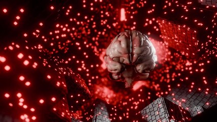 Wall Mural - human brain floating in digital cyber space with glowing red cubes and data particles. 3d render ill