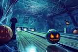 Halloween-themed bowling lane with spooky lighting
