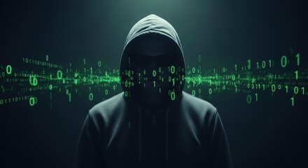 man hacker in a black hoodie with binary code flowing around him. cyber attack and data breach conce