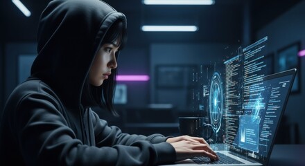 Asian woman in a black hoodie intently typing on a laptop with holographic code and data on display for cyber security concept.