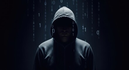man in hoodie, hacker with binary code, digital data falling around him. cyber attack and internet s