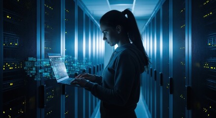 woman working on laptop in server room with glowing data. cyber security specialist accessing mainfr