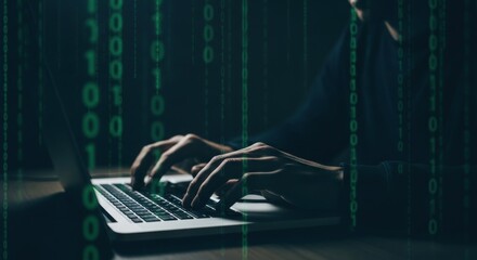 man in hoodie typing on laptop keyboard with binary code overlay. hacker committing cyber attack and