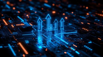 Wall Mural - cpu chip with glowing growth arrows and light blue circuit details on a clean dark tech background, 