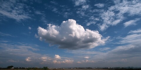 Wall Mural - Fluffy white cloud in vast blue sky over expansive landscape