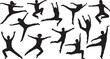 © stockingtimee - Black Silhouette Set of Energetic Jumping Figures in Various Poses, Ideal for Fitness and Dance Vector Art Design