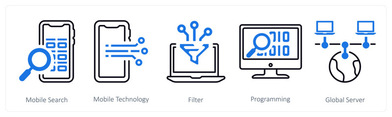 A set of 5 mix icons as mobile search, mobile technology, filter