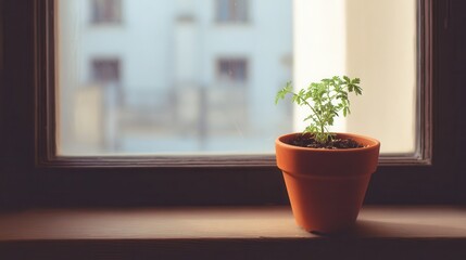 Wall Mural - small plant in terracotta pot on windowsill.