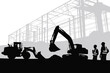 © AIcon Star - industrial construction scene silhouette featuring excavator, bulldozer, and hardhat workers vector