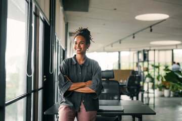 Successful happy african american business woman, startup coworker or software programmer engineer