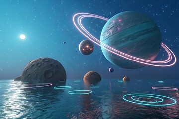 Wall Mural - Blue planet Earth and moon in the cosmic sky with abstract light, a universe of stars and galaxies