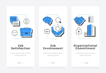Wall Mural - job attitude mobile app onboarding screens. teamwork organization. organizational commitment, busine