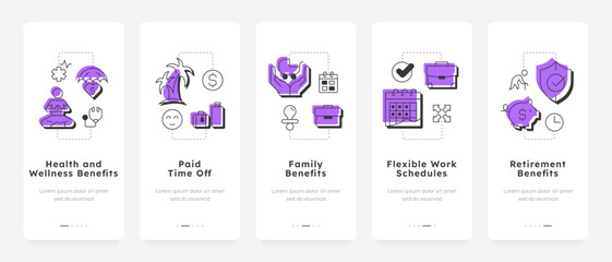 Wall Mural - employee benefits mobile app onboarding screens. work schedule. vacation, pension. retirement, savin