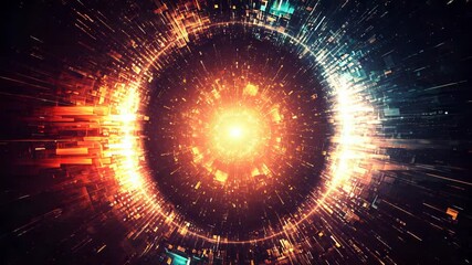 Wall Mural - Abstract Glowing Ring Composed of Pixelated Particles of Light in Orange and Blue Hue on Dark Backdrop