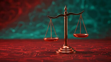 Wall Mural - golden justice scales on red circuit board with teal and red swirling background reflecting the inte