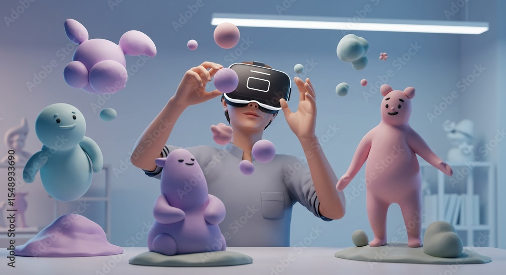 Vr Virtual Characters Immersive Virtual Reality with Playful 3D Characters Stock Illustration ...