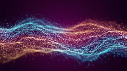 Wall Mural - abstract glowing wavy lines interwoven network of luminous particles on dark magenta background visu