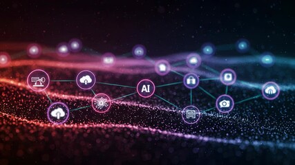 Wall Mural - abstract network connecting ai icons with glowing nodes on dark background