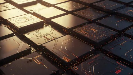 Canvas Print - digital cubes with golden circuitry abstract technology background