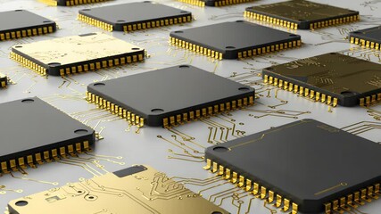 Canvas Print - multiple gray and gold computer chips highlighting circuit patterns on light background