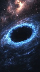Wall Mural - cosmic black hole with swirling blue accretion disk in deep space nebula space nebula swirling blue
