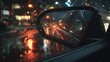 © yusuf - Car Side Mirror Reflecting Rainy City Street at Night