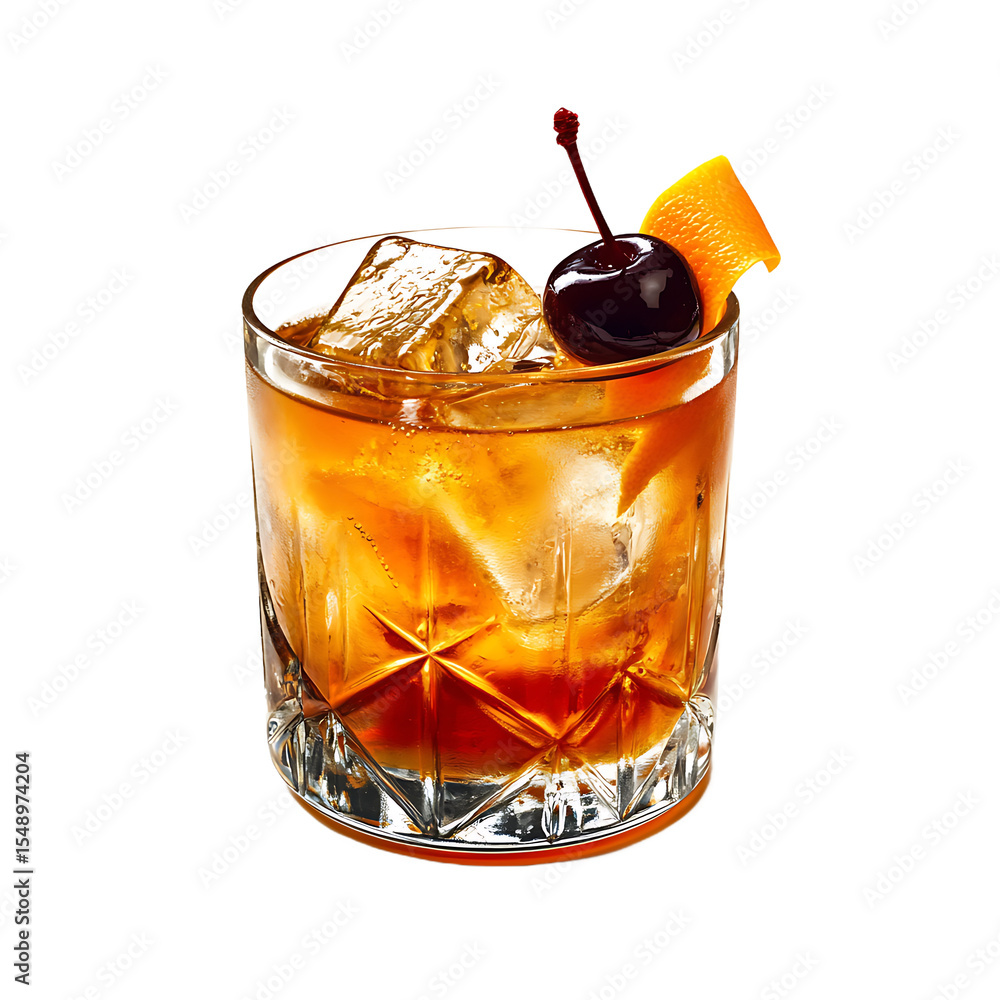 Classic Cocktail in a Glass with Ice, Cherry, and Orange Peel Garnish ...