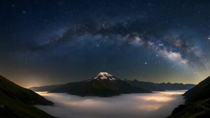 Wall Mural - Snowy Mountain Peak Emerging from Cloud Sea Under a Starry Milky Way at Night Panoramic Landscape