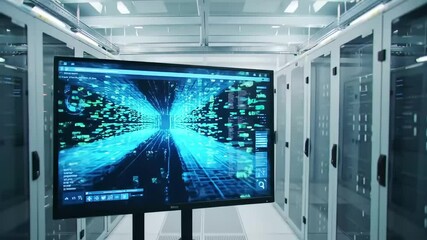 Data center monitor displays digital flow; server room background, tech use