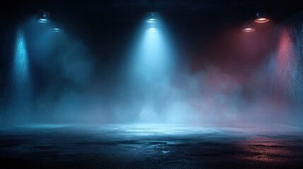 Wall Mural - stunning photo of dark stage shows, empty dark blue background, neon light, spotlights, the asphalt 