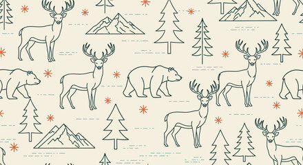 Elegant Line Art Wildlife Seamless Pattern Deer, Bear, Mountains, and Trees
