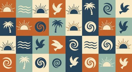 Sunset, Waves, Birds, and Palm Trees A Retro-Style Seamless Pattern Design