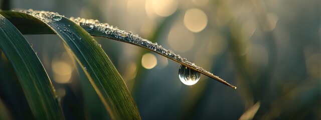 Wall Mural -   A high-resolution macro photograph of a verdant leaf droplet suspended from its tip, surrounded by lush foliage