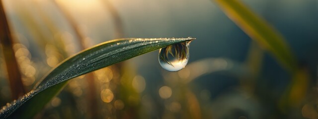 Wall Mural -   A drop of water resting atop a green grass blade, adjacent to a tranquil body of water surrounded by lush greenery