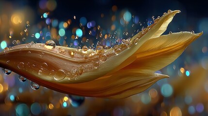 Wall Mural -   A sharp image of a yellow flower adorned with droplets of water, set against a hazy backdrop of vibrant blue and yellow light