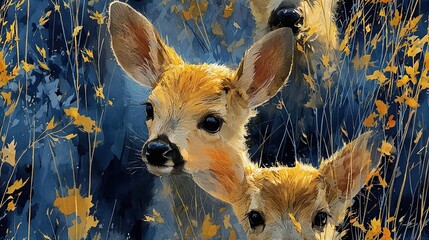 Canvas Print -  Two baby deer in a tall grass field with yellow and blue background flowers