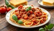 © Kanokwan - Aromatic pasta with rich tomato sauce, basil, meat, and parmesan cheese, delicious, culinary