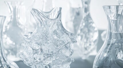 Elegant transparent glass vases with artistic shapes still life modern design light blue background stylish decor