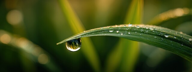 Wall Mural - a close-up image shows a green leaf with water droplets on its blade in the foreground