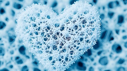 Abstract heart shape formed from intricate light blue web like structure Detailed close up view