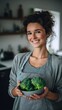 © Generative AI - Happy smiling woman holding fresh broccoli in a modern kitchen interior