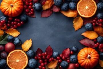 Wall Mural - Autumn Harvest Border with Pumpkins, Berries, and Leaves for Seasonal Designs