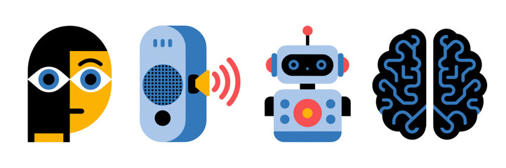 Flat vector illustration of facial recognition, voice analysis, robotics, and predictive analytics – Ideal for biometric interfaces, AI development, or futuristic infographics