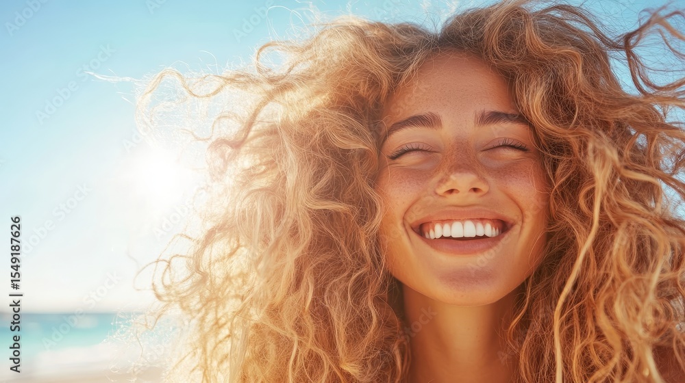 A joyful young woman with curly hair smiles radiantly at the beach ...