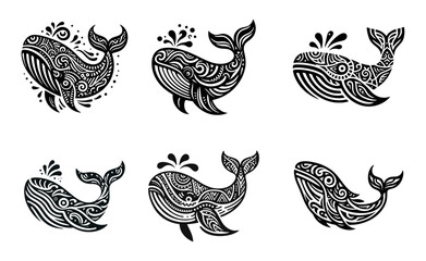 Whale tribal modern simple vector black white professional isolated white background