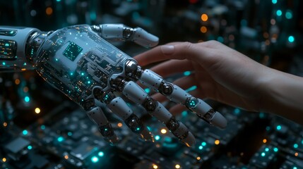 Wall Mural - Abstract background with robot and human hand, luminous elements. Suitable for technological articles and advertising of innovative products.