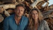© Larisa AI - A charming couple poses for a portrait against a backdrop of natural wood, conveying warmth and connection, suitable for lifestyle and relationship-themed imagery.